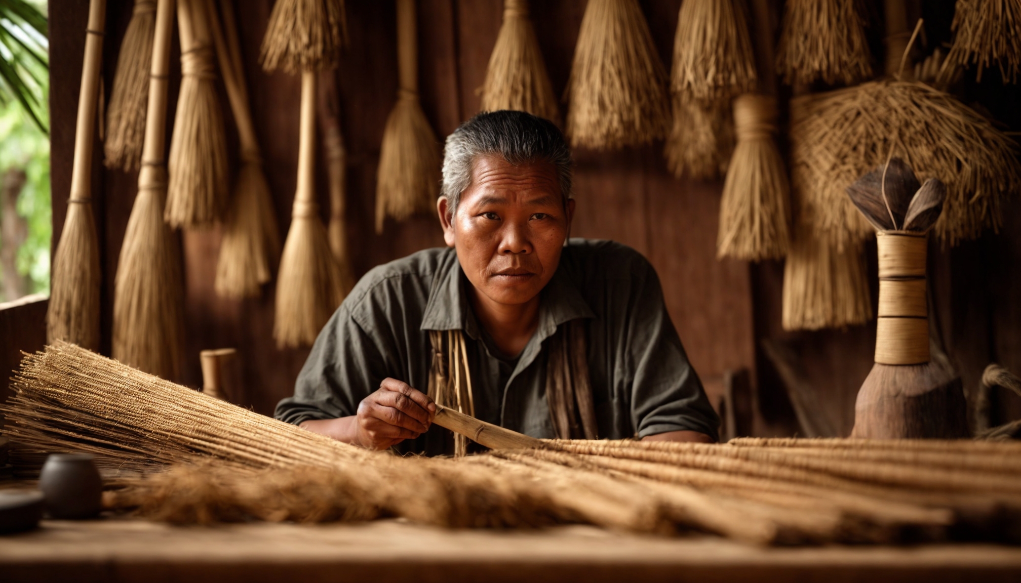 Pengrajin sapu tradisional Nusantara sedang mengikat serat ijuk di meja kerja kayu