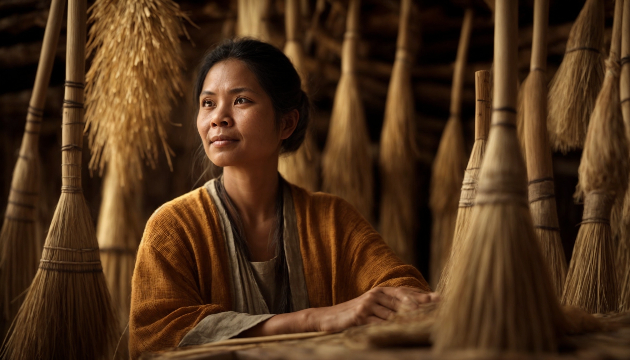 Pengrajin perempuan membuat kerajinan sapu tradisional dari serat broom corn untuk dijadikan gifts dan souvenirs