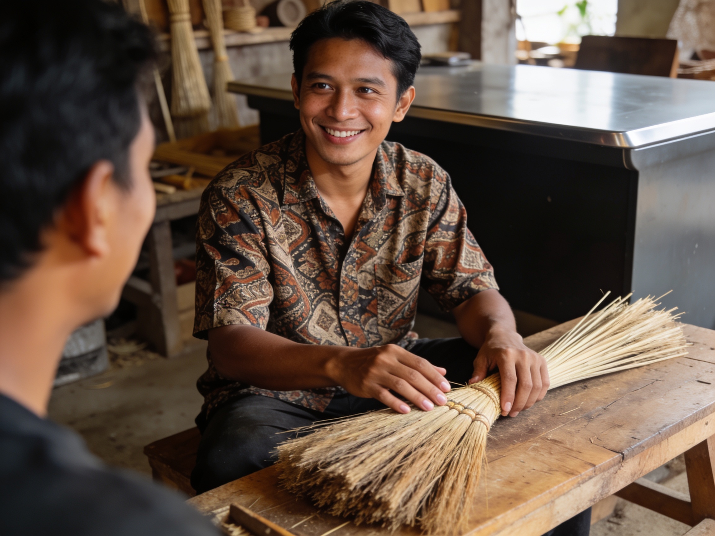 Pengrajin lokal mengecek bahan baku bisnis kerajinan sapu tradisional di bengkel kayu