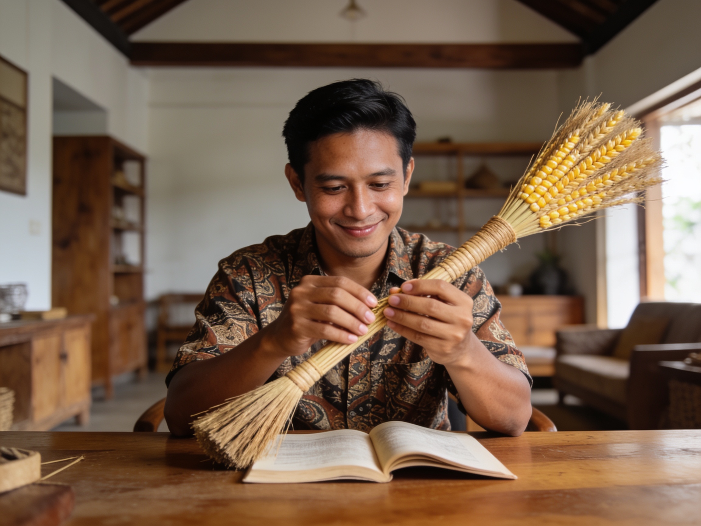 Perajin memeriksa sapu ijuk berkualitas tinggi untuk inspirasi dekorasi rumah etnik.