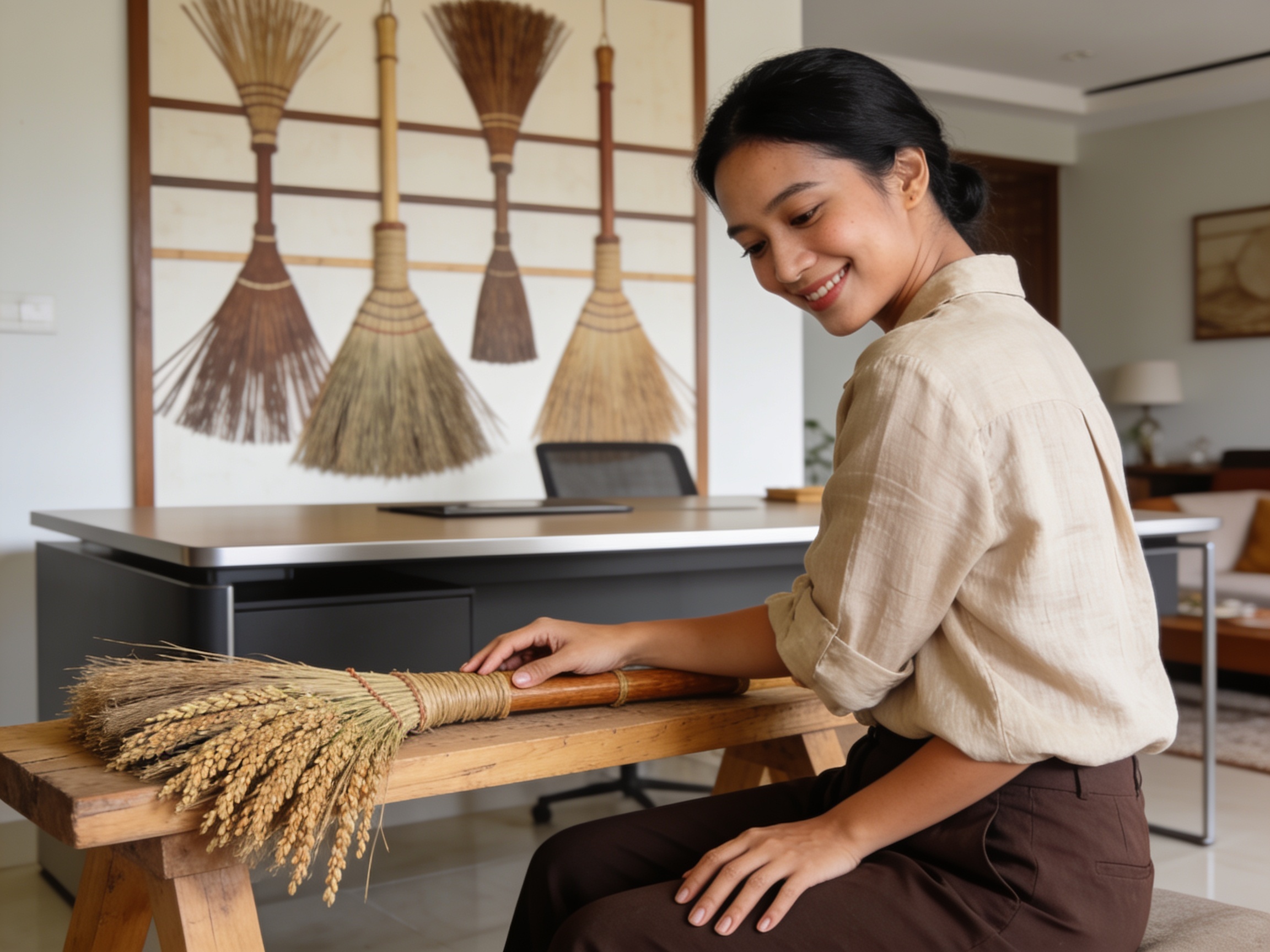Wanita Indonesia memeriksa sapu jagung untuk dekorasi sapu tradisional unik