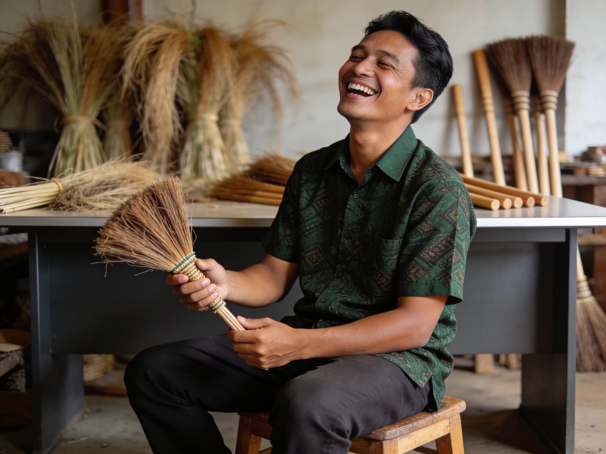 Pengrajin lokal memeriksa kualitas souvenir sapu tradisional unik yang sedang dikembangkan.