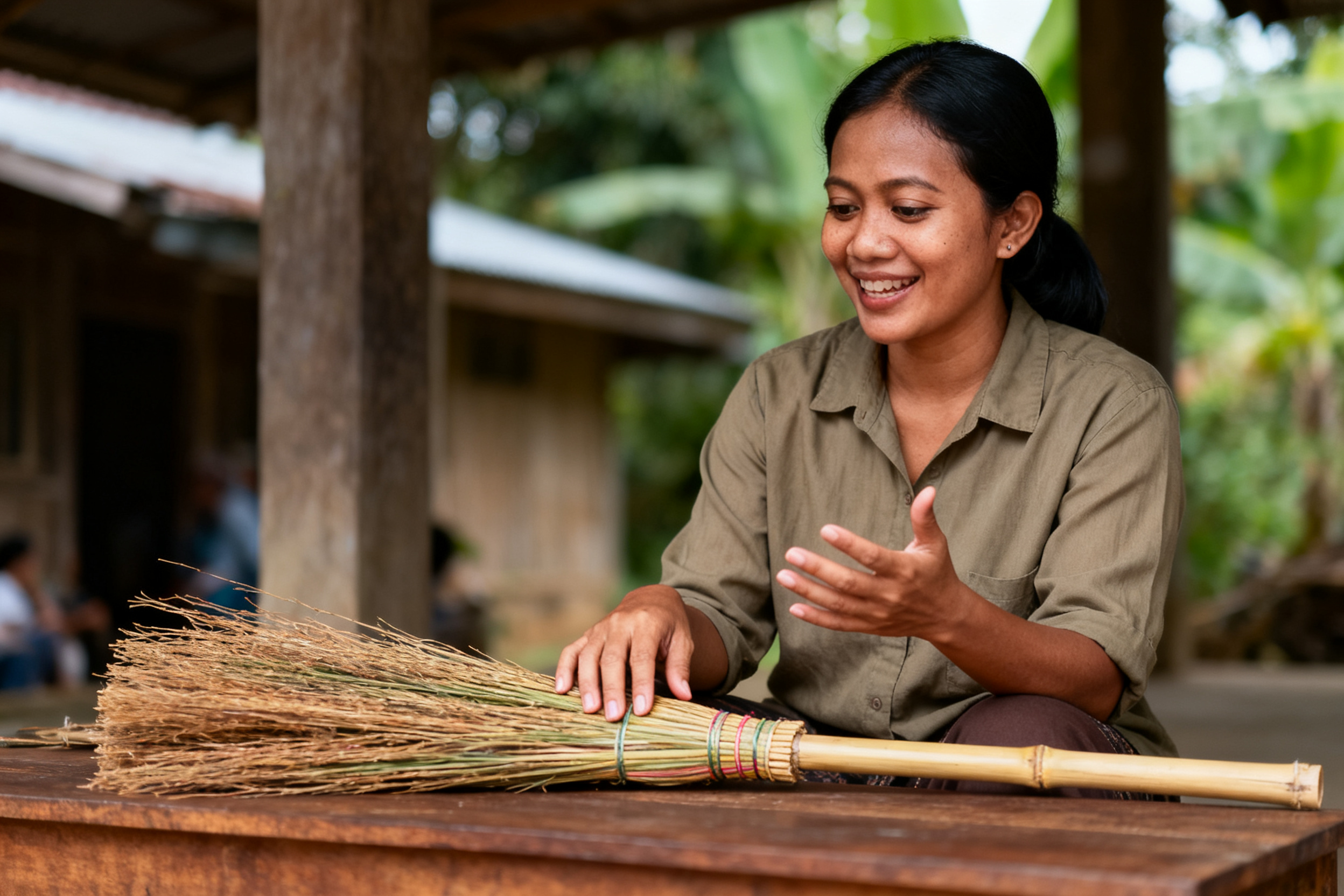 tutorial DIY membuat sapu tradisional dengan anyaman jerami dan bambu, menonjolkan teknik ramah lingkungan